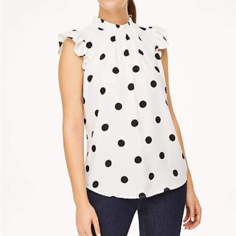 🆕 NWT LOFT Black and White Polka Dot Ruffled Cap Sleeve Blouse